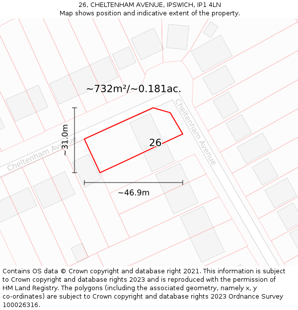 26, CHELTENHAM AVENUE, IPSWICH, IP1 4LN: Plot and title map