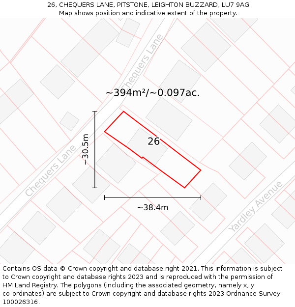 26, CHEQUERS LANE, PITSTONE, LEIGHTON BUZZARD, LU7 9AG: Plot and title map