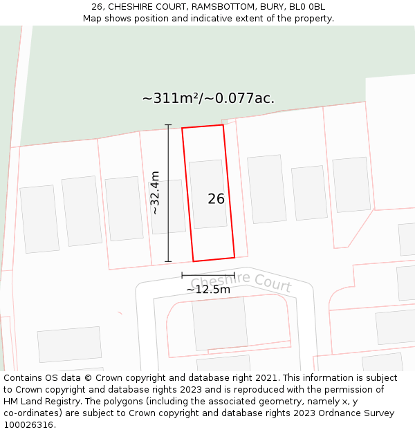 26, CHESHIRE COURT, RAMSBOTTOM, BURY, BL0 0BL: Plot and title map