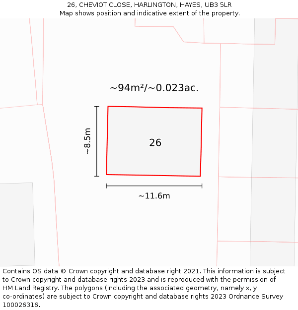 26, CHEVIOT CLOSE, HARLINGTON, HAYES, UB3 5LR: Plot and title map