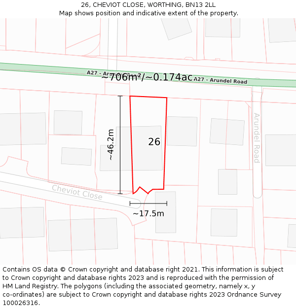 26, CHEVIOT CLOSE, WORTHING, BN13 2LL: Plot and title map