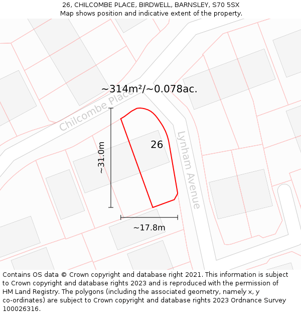 26, CHILCOMBE PLACE, BIRDWELL, BARNSLEY, S70 5SX: Plot and title map