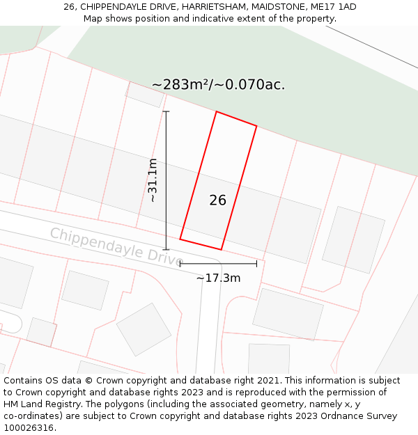26, CHIPPENDAYLE DRIVE, HARRIETSHAM, MAIDSTONE, ME17 1AD: Plot and title map