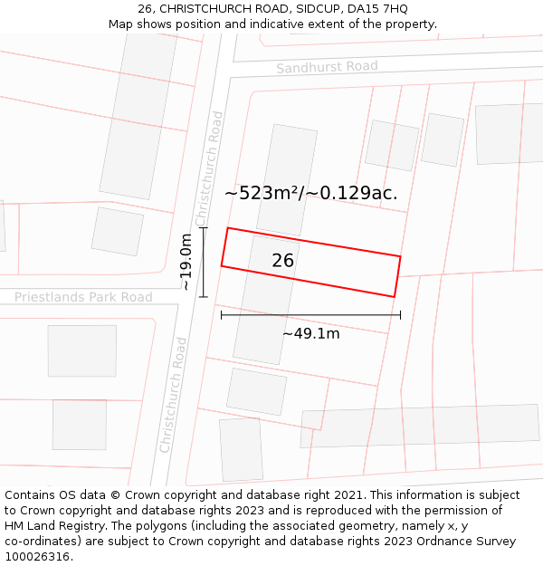 26, CHRISTCHURCH ROAD, SIDCUP, DA15 7HQ: Plot and title map