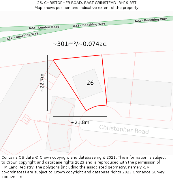 26, CHRISTOPHER ROAD, EAST GRINSTEAD, RH19 3BT: Plot and title map