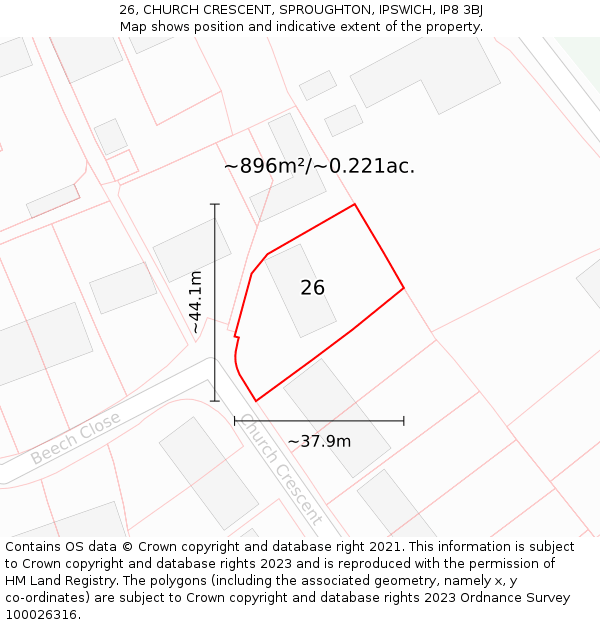 26, CHURCH CRESCENT, SPROUGHTON, IPSWICH, IP8 3BJ: Plot and title map