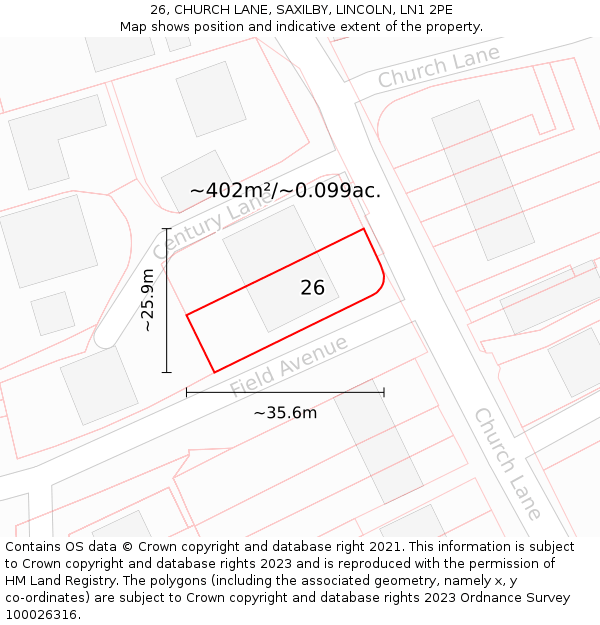 26, CHURCH LANE, SAXILBY, LINCOLN, LN1 2PE: Plot and title map