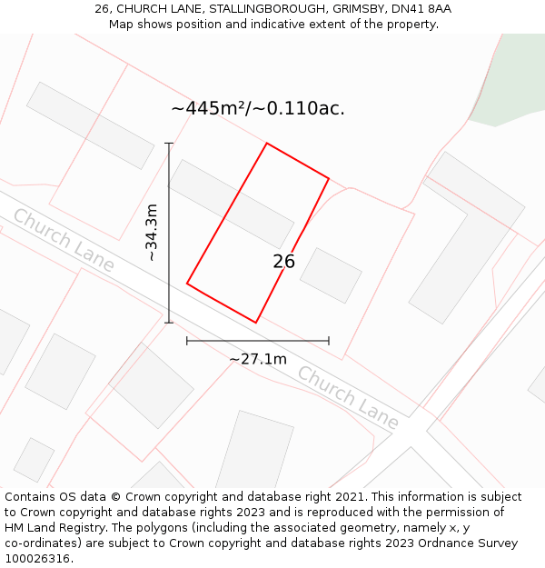 26, CHURCH LANE, STALLINGBOROUGH, GRIMSBY, DN41 8AA: Plot and title map