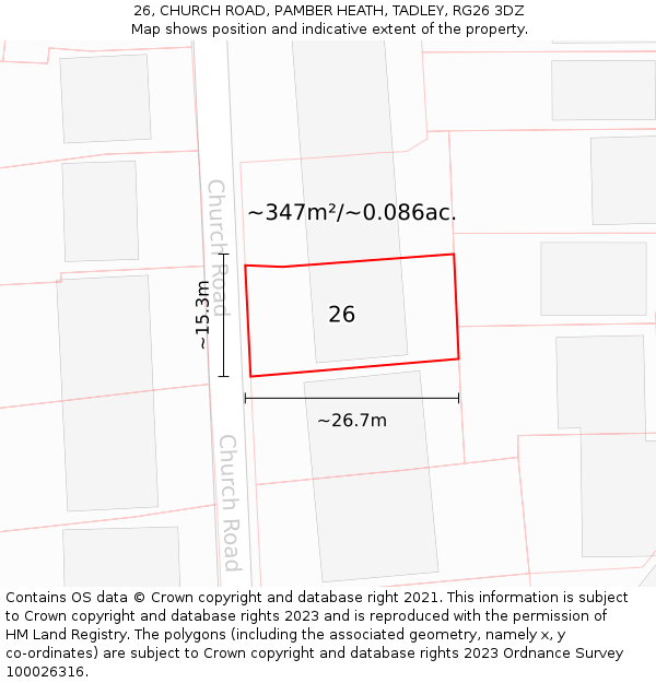 26, CHURCH ROAD, PAMBER HEATH, TADLEY, RG26 3DZ: Plot and title map