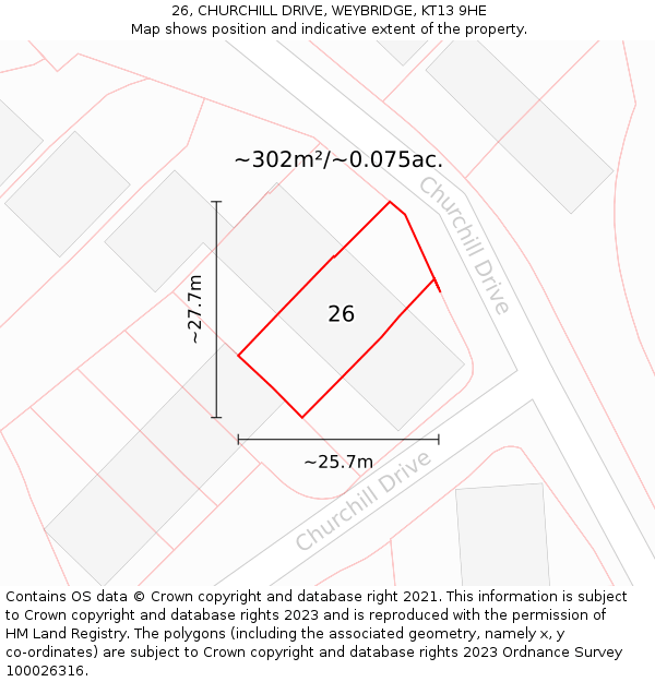 26, CHURCHILL DRIVE, WEYBRIDGE, KT13 9HE: Plot and title map