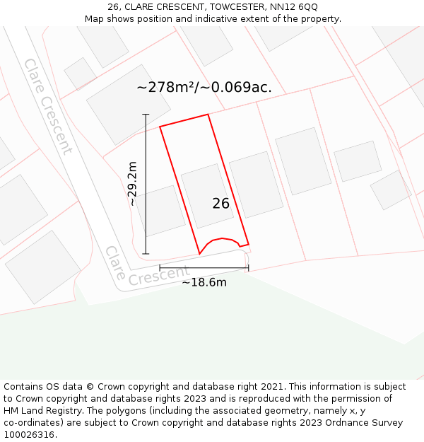 26, CLARE CRESCENT, TOWCESTER, NN12 6QQ: Plot and title map