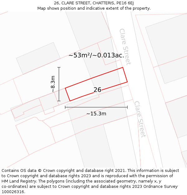 26, CLARE STREET, CHATTERIS, PE16 6EJ: Plot and title map