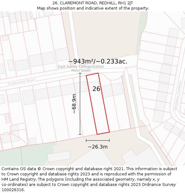 26, CLAREMONT ROAD, REDHILL, RH1 2JT: Plot and title map