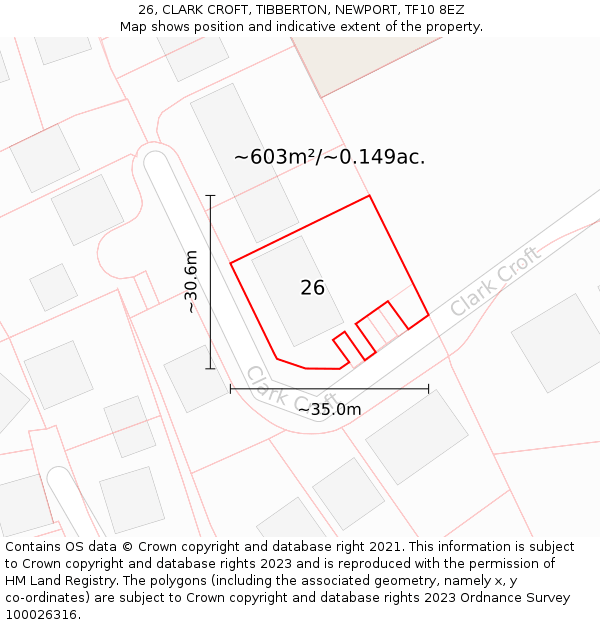 26, CLARK CROFT, TIBBERTON, NEWPORT, TF10 8EZ: Plot and title map