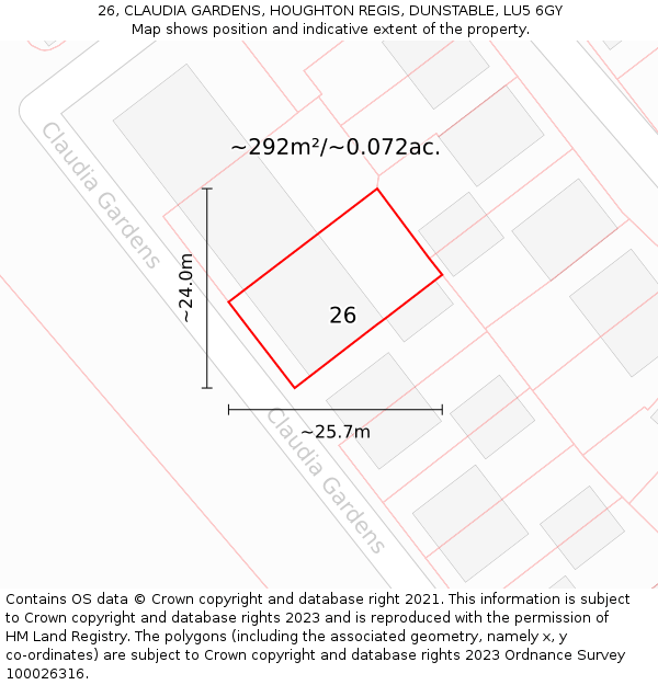 26, CLAUDIA GARDENS, HOUGHTON REGIS, DUNSTABLE, LU5 6GY: Plot and title map