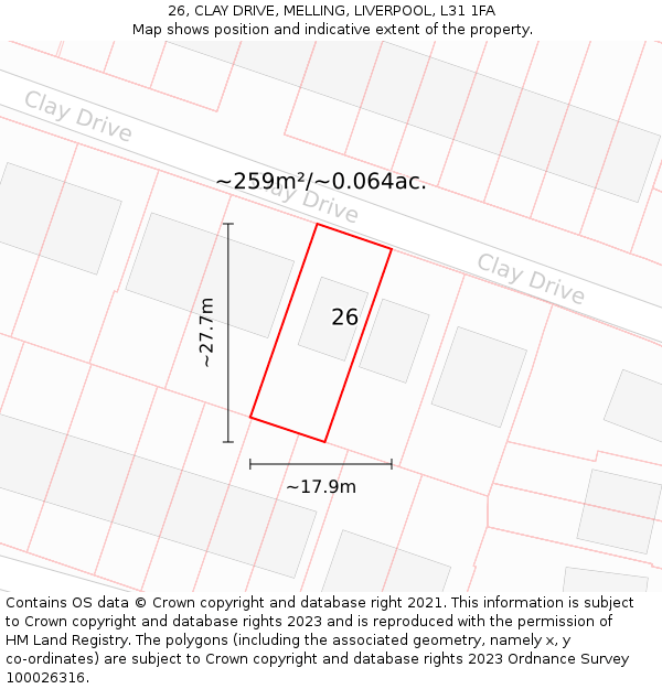 26, CLAY DRIVE, MELLING, LIVERPOOL, L31 1FA: Plot and title map