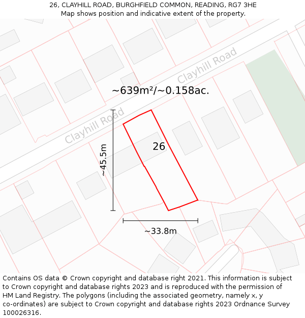 26, CLAYHILL ROAD, BURGHFIELD COMMON, READING, RG7 3HE: Plot and title map