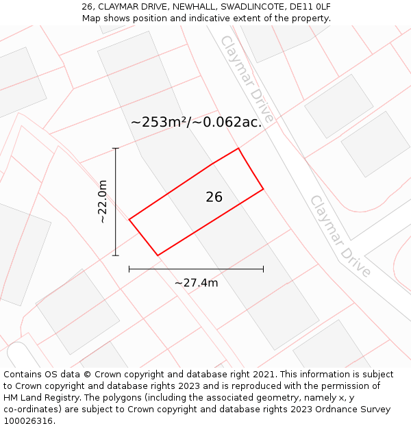 26, CLAYMAR DRIVE, NEWHALL, SWADLINCOTE, DE11 0LF: Plot and title map