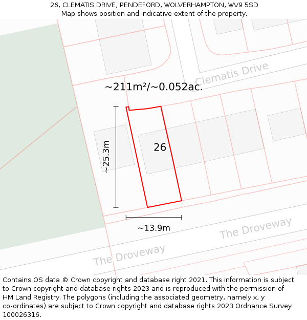 26, CLEMATIS DRIVE, PENDEFORD, WOLVERHAMPTON, WV9 5SD: Plot and title map