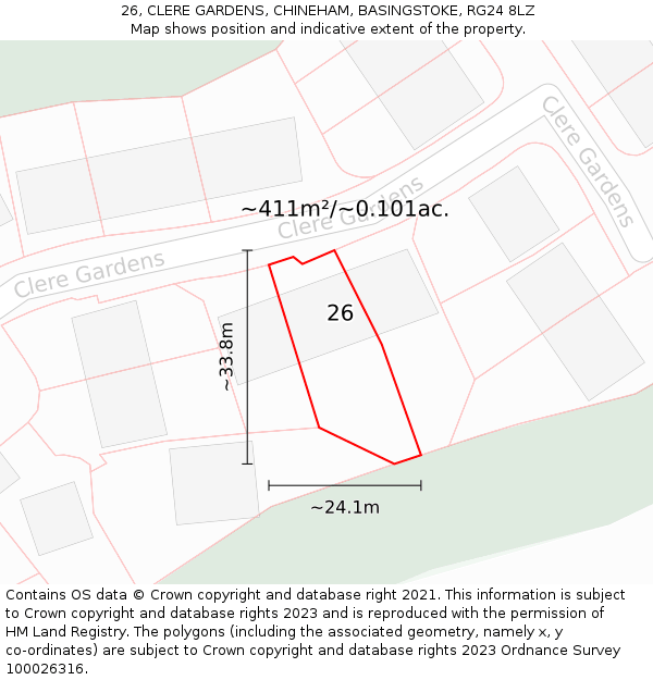 26, CLERE GARDENS, CHINEHAM, BASINGSTOKE, RG24 8LZ: Plot and title map