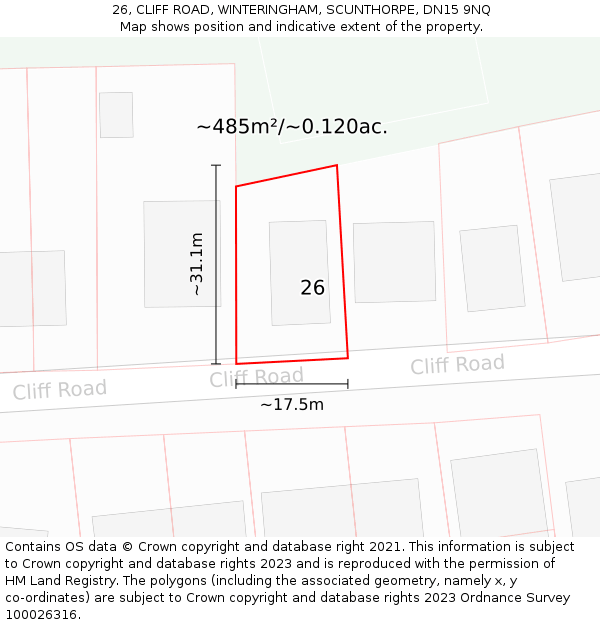 26, CLIFF ROAD, WINTERINGHAM, SCUNTHORPE, DN15 9NQ: Plot and title map