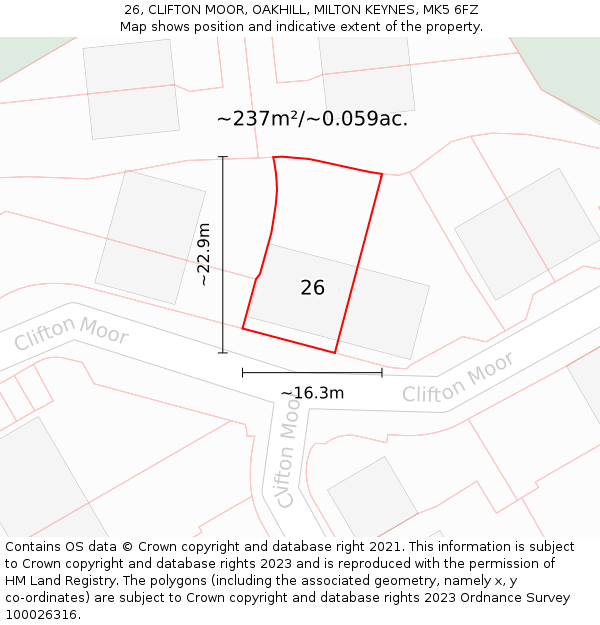 26, CLIFTON MOOR, OAKHILL, MILTON KEYNES, MK5 6FZ: Plot and title map