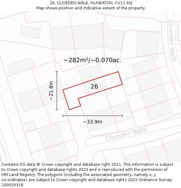 26, CLIVEDEN WALK, NUNEATON, CV11 4XJ: Plot and title map