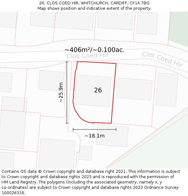 26, CLOS COED HIR, WHITCHURCH, CARDIFF, CF14 7BG: Plot and title map