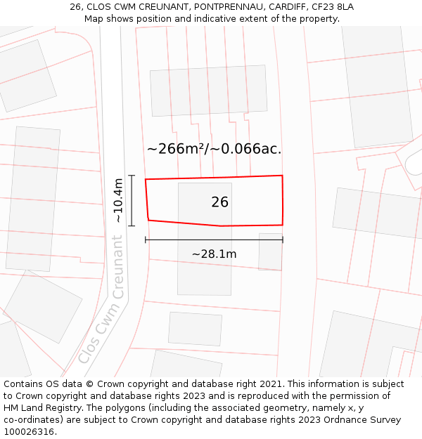 26, CLOS CWM CREUNANT, PONTPRENNAU, CARDIFF, CF23 8LA: Plot and title map