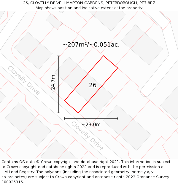 26, CLOVELLY DRIVE, HAMPTON GARDENS, PETERBOROUGH, PE7 8PZ: Plot and title map