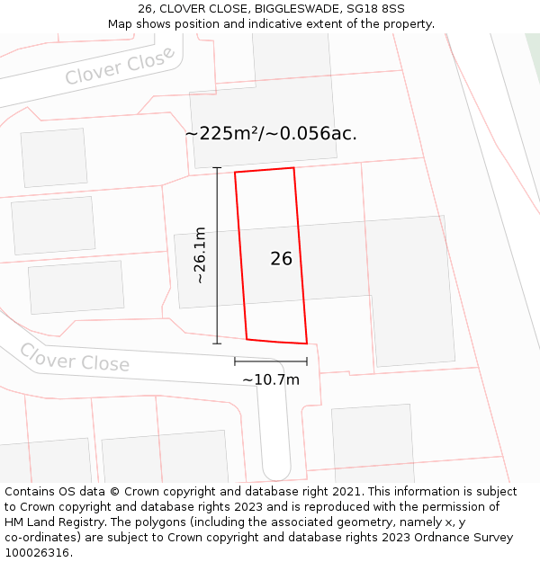 26, CLOVER CLOSE, BIGGLESWADE, SG18 8SS: Plot and title map