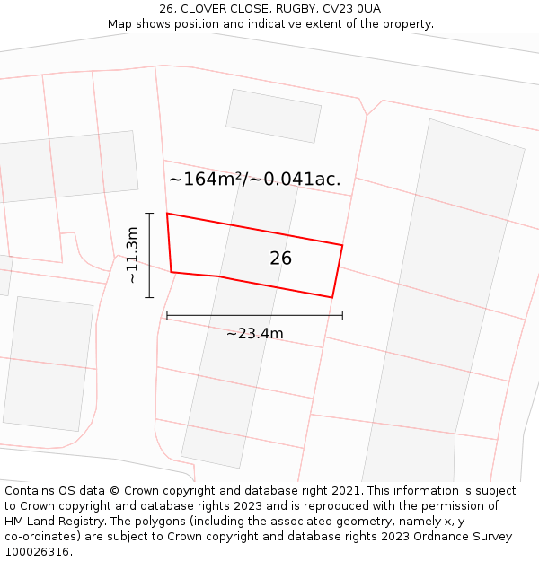 26, CLOVER CLOSE, RUGBY, CV23 0UA: Plot and title map