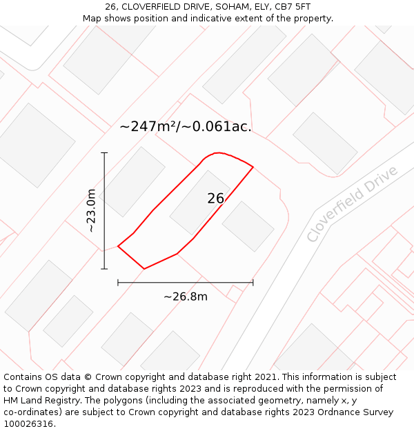 26, CLOVERFIELD DRIVE, SOHAM, ELY, CB7 5FT: Plot and title map