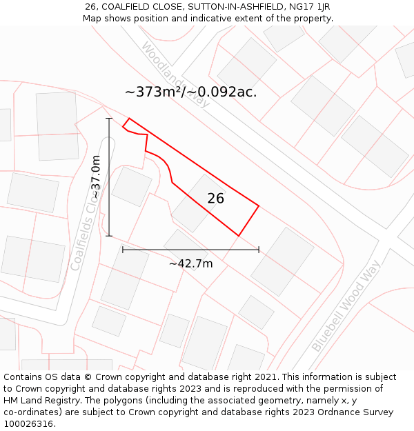 26, COALFIELD CLOSE, SUTTON-IN-ASHFIELD, NG17 1JR: Plot and title map