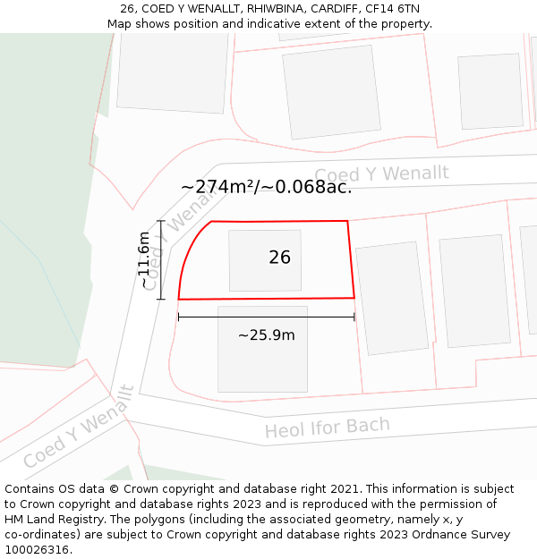 26, COED Y WENALLT, RHIWBINA, CARDIFF, CF14 6TN: Plot and title map