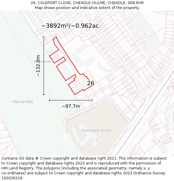 26, COLEPORT CLOSE, CHEADLE HULME, CHEADLE, SK8 6HR: Plot and title map
