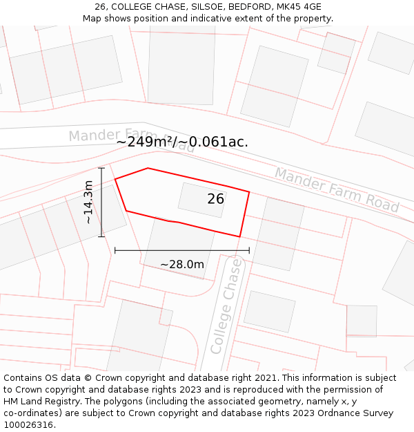 26, COLLEGE CHASE, SILSOE, BEDFORD, MK45 4GE: Plot and title map