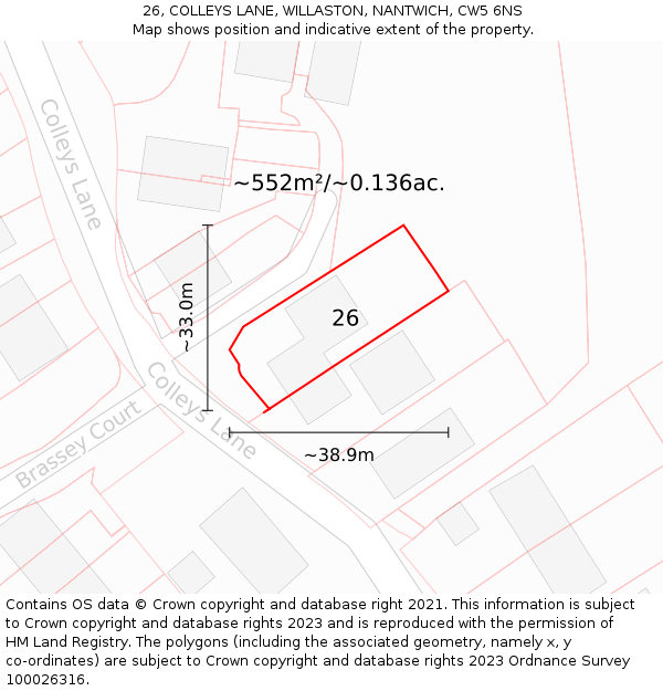 26, COLLEYS LANE, WILLASTON, NANTWICH, CW5 6NS: Plot and title map