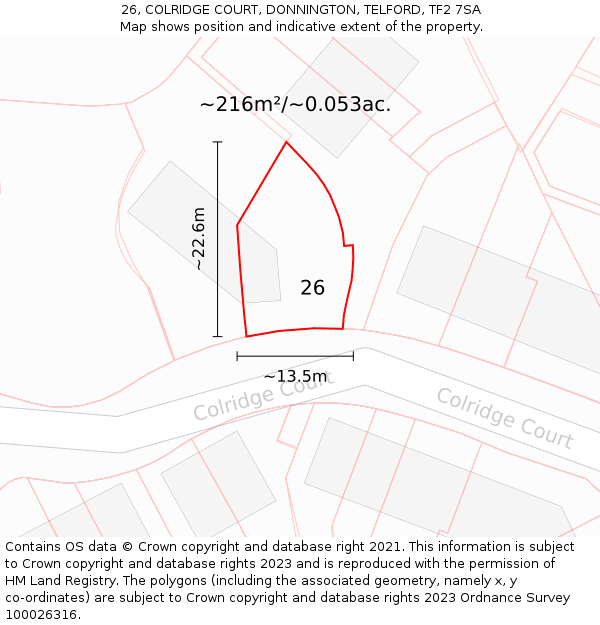 26, COLRIDGE COURT, DONNINGTON, TELFORD, TF2 7SA: Plot and title map