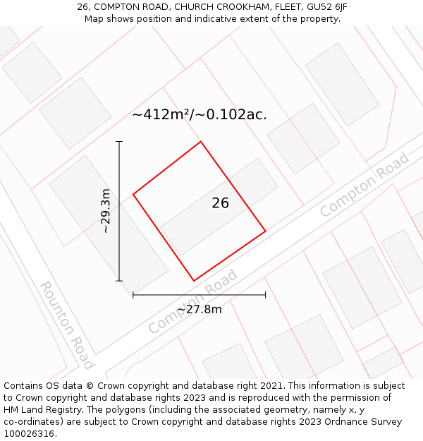26, COMPTON ROAD, CHURCH CROOKHAM, FLEET, GU52 6JF: Plot and title map