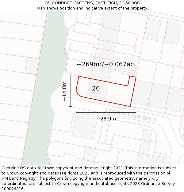 26, CONDUCT GARDENS, EASTLEIGH, SO50 9QG: Plot and title map