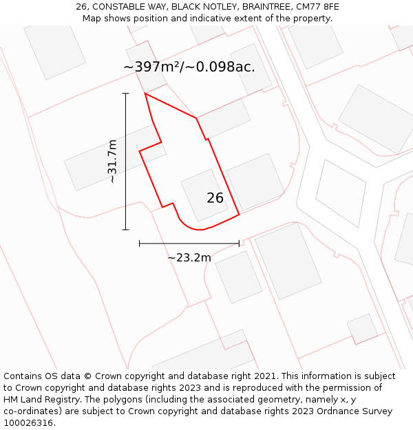 26, CONSTABLE WAY, BLACK NOTLEY, BRAINTREE, CM77 8FE: Plot and title map