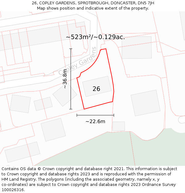 26, COPLEY GARDENS, SPROTBROUGH, DONCASTER, DN5 7JH: Plot and title map