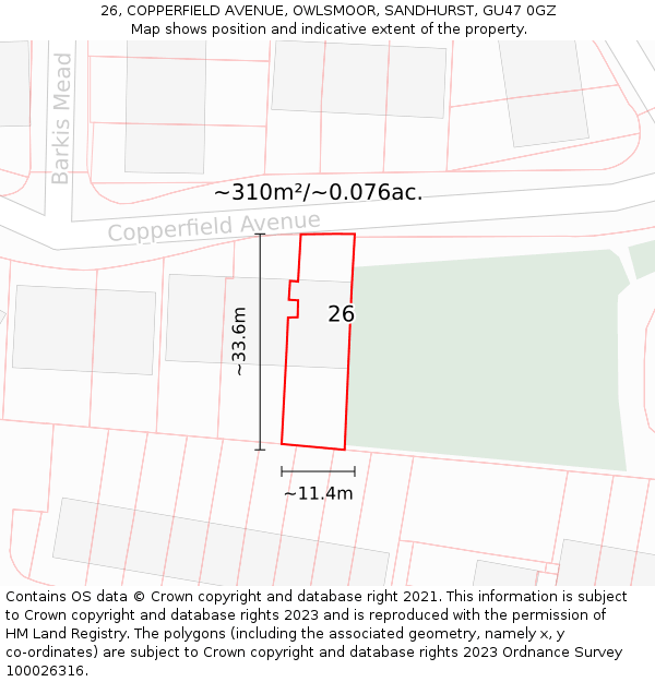 26, COPPERFIELD AVENUE, OWLSMOOR, SANDHURST, GU47 0GZ: Plot and title map