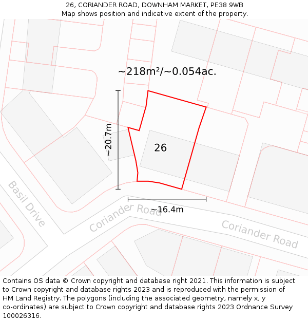 26, CORIANDER ROAD, DOWNHAM MARKET, PE38 9WB: Plot and title map