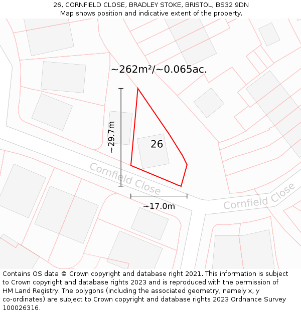 26, CORNFIELD CLOSE, BRADLEY STOKE, BRISTOL, BS32 9DN: Plot and title map