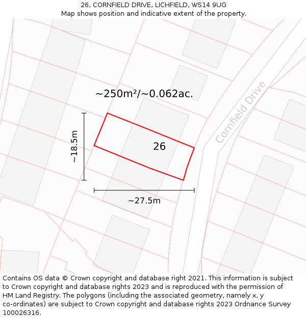 26, CORNFIELD DRIVE, LICHFIELD, WS14 9UG: Plot and title map