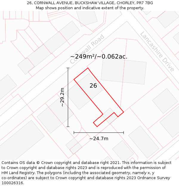 26, CORNWALL AVENUE, BUCKSHAW VILLAGE, CHORLEY, PR7 7BG: Plot and title map