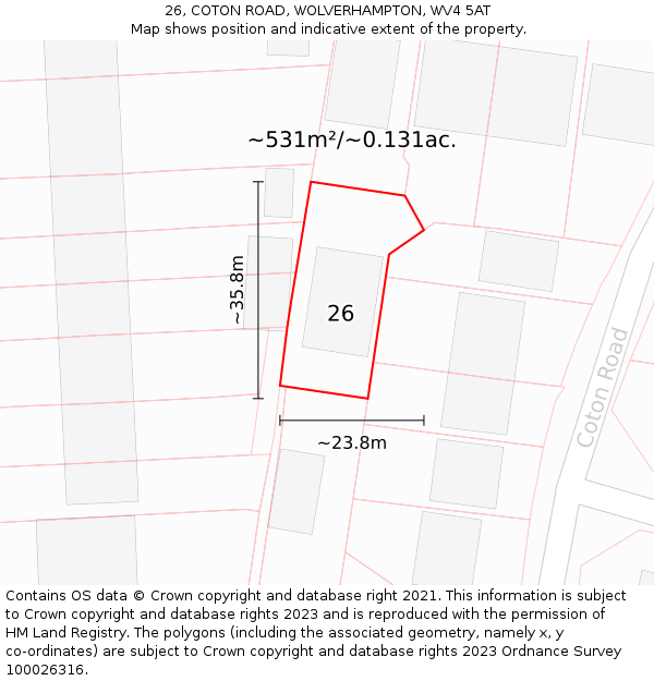 26, COTON ROAD, WOLVERHAMPTON, WV4 5AT: Plot and title map