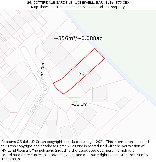 26, COTTERDALE GARDENS, WOMBWELL, BARNSLEY, S73 0BX: Plot and title map